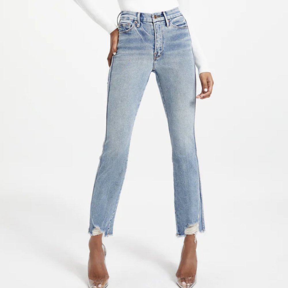 Good American Blue Jeans Good Curve Frayed Hem Distressed Ripped Size 2 26